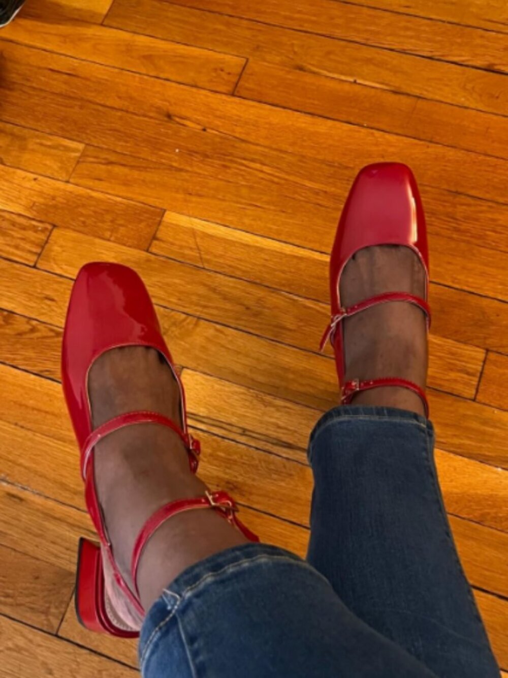 Women's Mary Jane Chunky Low Heels Closed Square Toe Ankle Strap Pumps Red